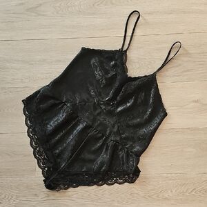 Vintage Whimsigoth Romantic Jacquard Satin Lace‎ Trim Bodysuit, Medium